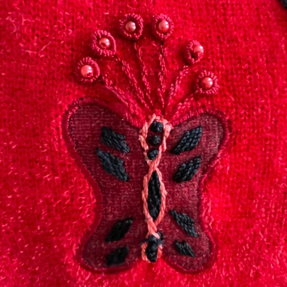 MOFFI charming red chenille women's vest with embroidered butterfly, SIZE SMALL - Picture 4 of 11